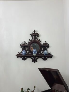 Ornate Dark Brown Wall Mirror Shelf with Carved Accents